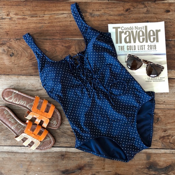 Gottex Other - Gottex Navy & White Polka Dot Lace Up One-Piece